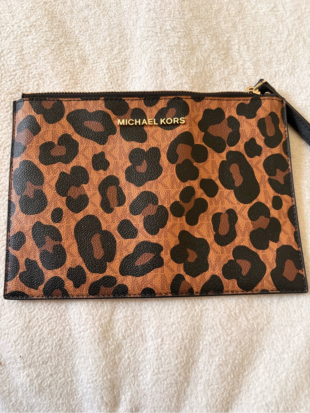Michael Kors Leopard Print Zip Pouch in Brown and Black